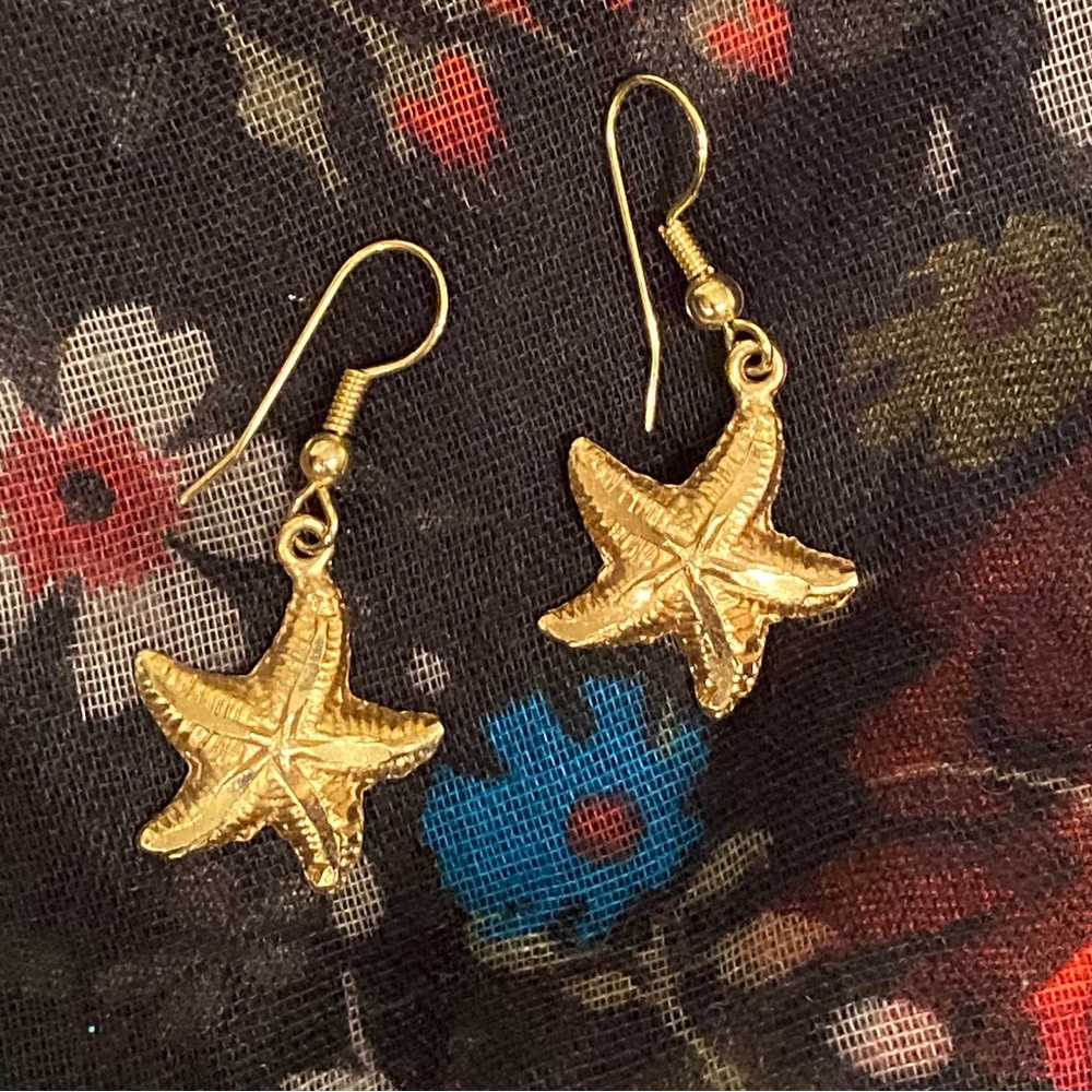 Gold Starfish Drop Earrings on French Wires Hooks Lovely for Summer Vacation